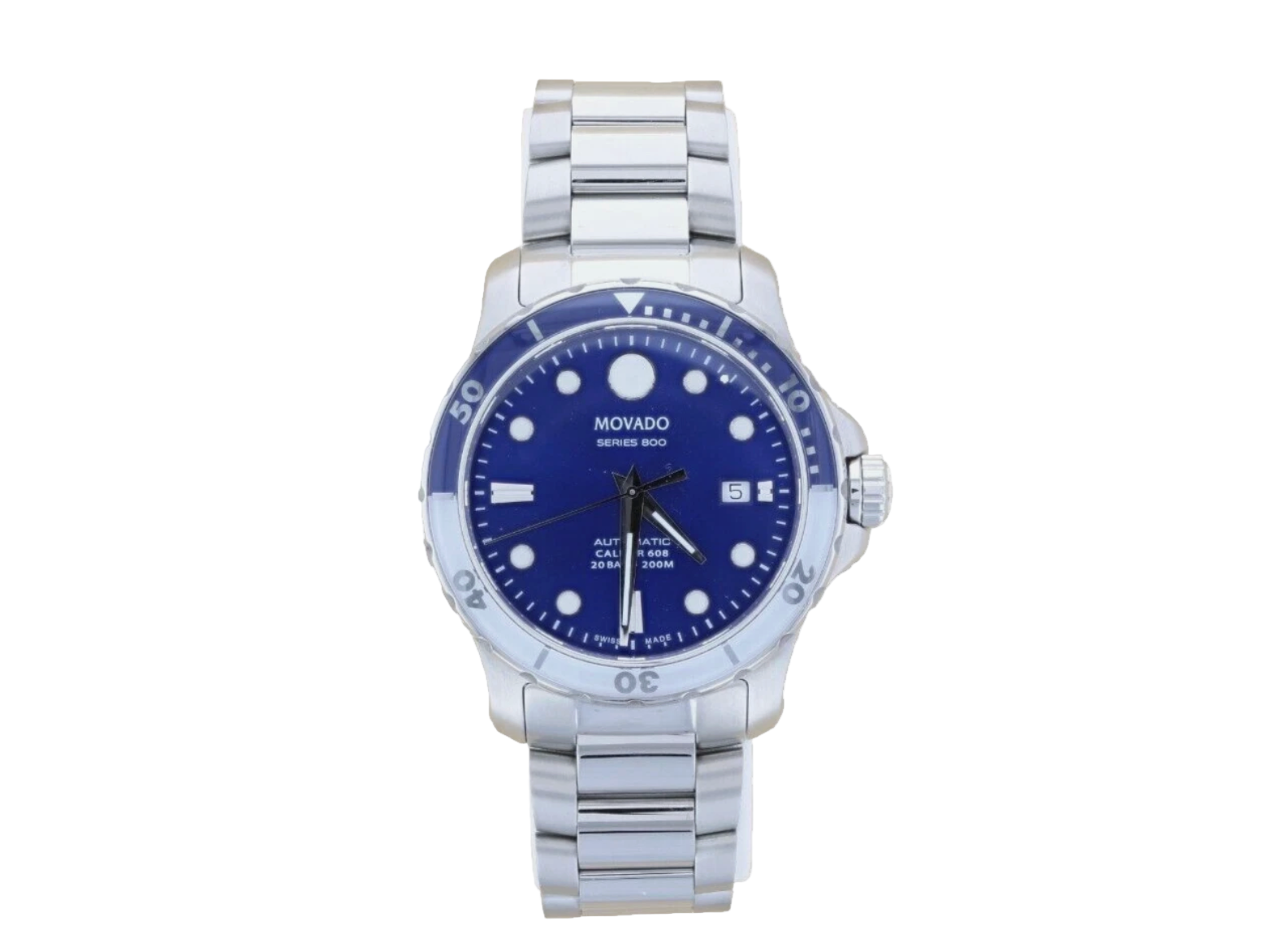Movado watch with blue dial and silver metal strap on a white background