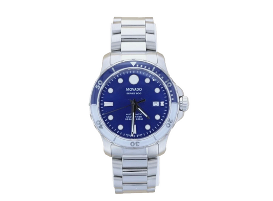 Movado watch with blue dial and silver metal strap on a white background